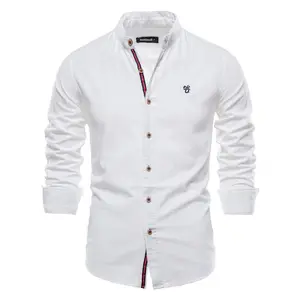 2022 High quality cotton linen men's casual shirts pure color mandarin collar shirts for men