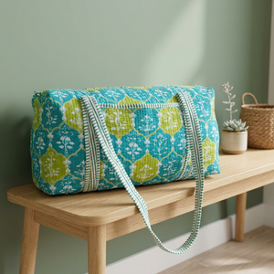 Bolsa de Viaje Acolchada con Estampado Floral Verde Azulado, Gran Capacidad, Cierre de Cremallera, Bolsa de Fin de Semana, Bolsas de Viaje con Estampado a Mano, Venta al Por Mayor - Product Image 1