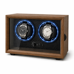 Caja Giratoria <span class=keywords><strong>para</strong></span> Relojes de Madera de Nogal Negro con 2 Ranuras, Apagado Automático, Luz LED, Rectangular, Estilo Antiguo, <span class=keywords><strong>para</strong></span> Relojes Mecánicos y Automáticos - Product Image 1