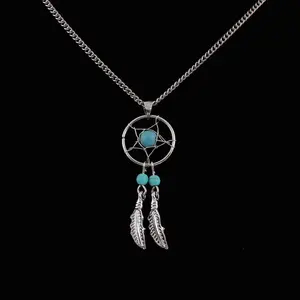 Рекламное металлическое простое ажурное ожерелье с перьями, античное серебряное ожерелье с подвеской Ловец снов и кисточкой для женщин