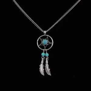 Promotional Metal Simple Hollow Mesh Feather Charm Necklace Antique Silver Dream Catcher Tassel Pendant Necklace For Women