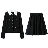 Ensemble deux pièces pour femmes, style preppy, col polo noir en tricot, jupe plissée, nouvelle collection automne 2026