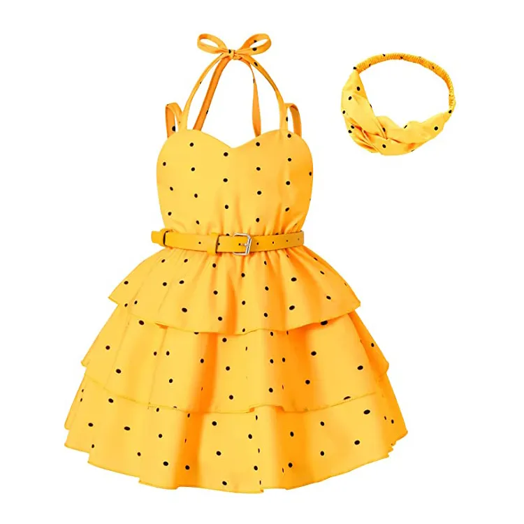 Summer Halter Dots 3-Layer Pleated Chiffon Kids Party A-line Dress With Belt Head band
