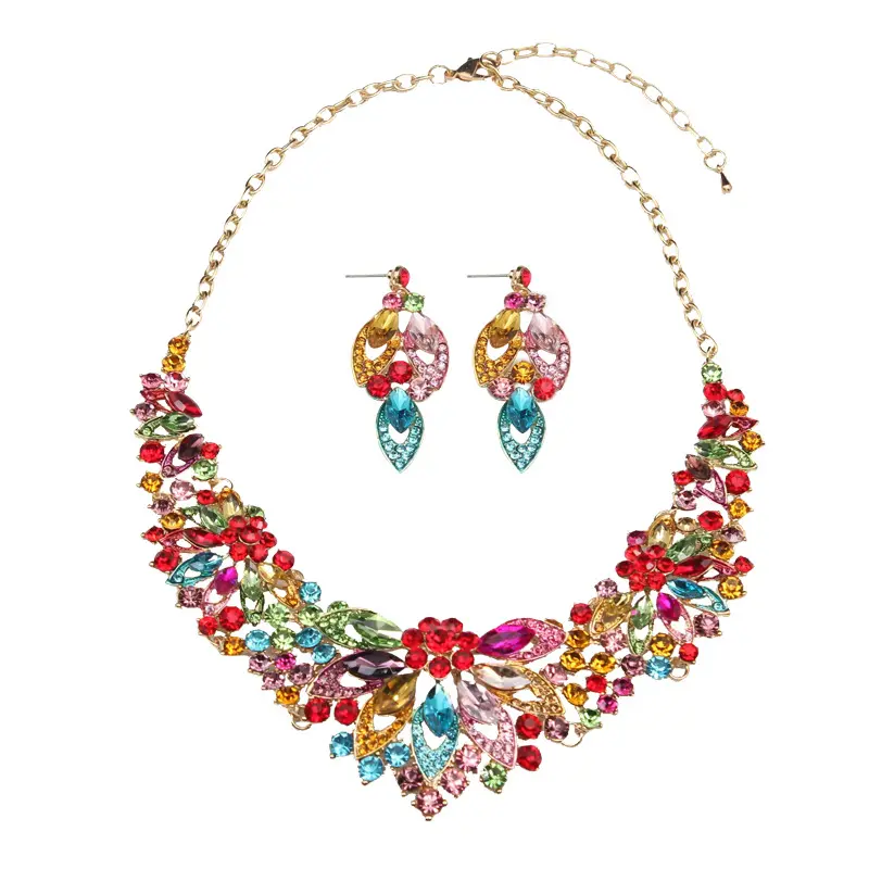 2021 New Arrival Women Multi Colors Silver And Gold Plated Crystal Women Jewelry Set Earrings Necklace