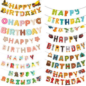 Guirlande de fête d'<span class=keywords><strong>anniversaire</strong></span> sur le thème des dessins animés avec des motifs de véhicules de construction, de dinosaures et de camions de pompiers, bannière en papier avec drapeaux à tirer - Product Image 1