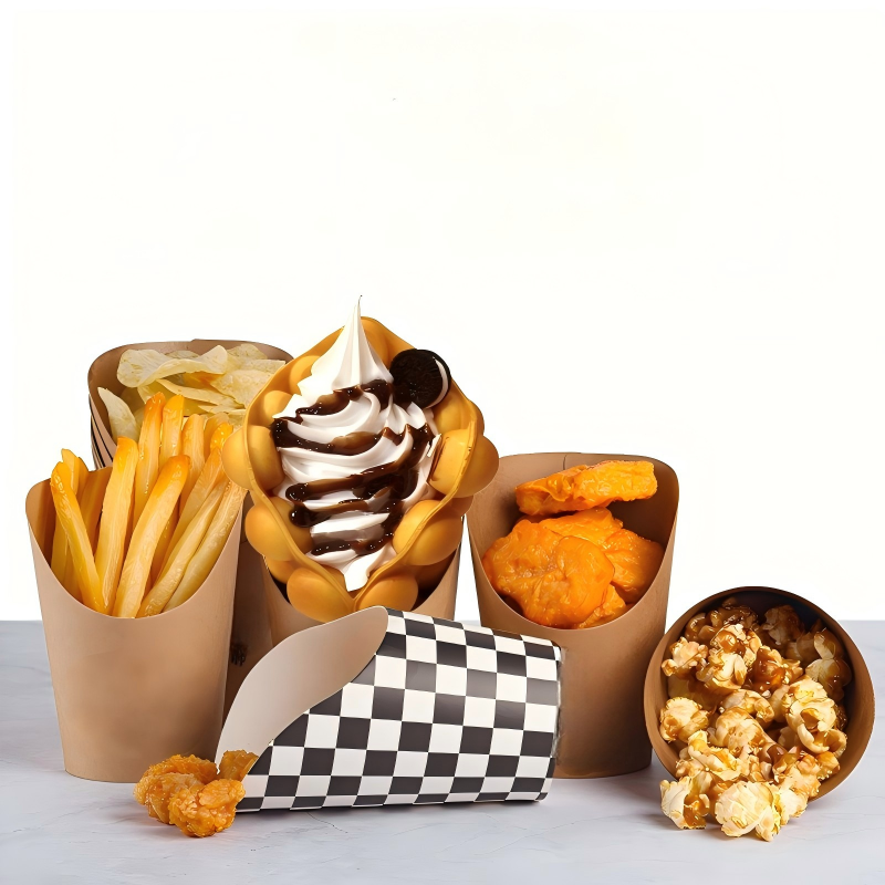 Custom Disposable French Fry Cups, Ice Cream Cups, and Egg Waffle Cups Kraft Paper Takeout Packaging