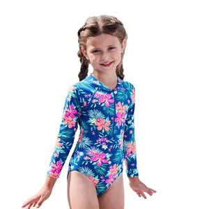 छोटी लड़कियों के लिए अनुकूलित लंबी बांह का स्विमसूट, 3-14 साल के बीच में उपयोग के लिए धूप से सुरक्षा के साथ धारीदार स्नान सूट