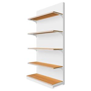Étagères de supermarché en métal robustes à 4 niveaux, blanches avec bord rouge, fixation murale, dos perforé, rayonnage vertical - Product Image 6