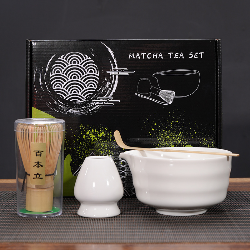 Bol à matcha blanc, ensemble de 4 pièces (xian) + boîte de couleur