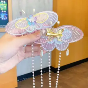 DOMOHO Antique Super Fairy Pearl Horquilla para niños Diseño de mariposa móvil con borla Han Ropa Tocado Accesorios para el cabello