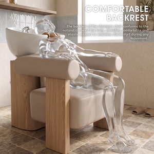 Bac à shampoing et fauteuil de salon de coiffure modernes en cuir PU rose avec bassin en céramique et structure en bois - Product Image 5