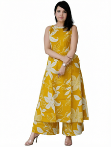 Yellow Floral Indian Pakistani Set Sleeveless Printed <b>Kurta</b> Palazzo Pants <b>Women</b> Ethnic Wear - Product Image 1