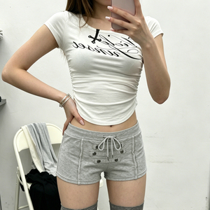 Y2K Mid Rise Button Tab <b>Drawstring</b> Breathable Polyester/Cotton Hot Shorts Women Summer Casual Street Style - Product Image 2