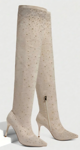 Bottes sexy beiges au-dessus du genou, bottes scintillantes à strass, bottes hautes à bout pointu, talons aiguilles, chaussures de soirée et de mariage pour femmes - Product Image 2