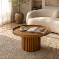 Meja Kopi Bundar Kayu Solid Modern dengan Alas Kolom Romawi Beralur 70x70x43cm