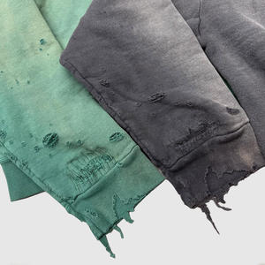 OEM Custom Streetwear 500gsm Vintage Cotton Zip up Oversized Waffle Knit Sun Faded Acid Washed Distressed <strong>Hoodie</strong> Men Supplier - Product Image 2