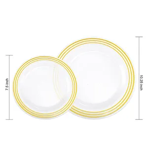 Золотые прозрачные пластиковые тарелки, свадебная Презентация, Золотая посуда, набор посуды, прозрачные тарелки с золотым ободком, набор посуды