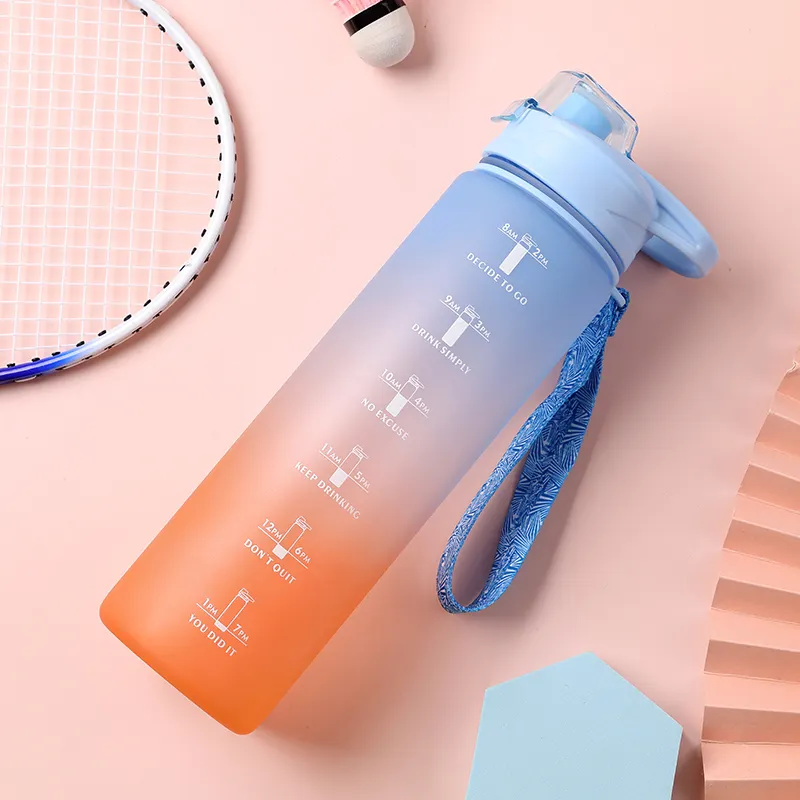 Zaman işaretleyici ile 2023 sıcak satış 32oz Bpa ücretsiz degrade plastik su şişesi