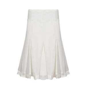 White Dropped Waist Midi Skirt Lace Trim Pleated A-Line Women Summer Casual Satin - Product Image 6