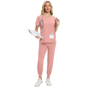 2025 OEM Comfortable Red Hospital Uniforms for Blue Color Women Spandex <b>Nursing</b> Scrub Soft Short Sleeve Spa Uniform Set - Product Image 1