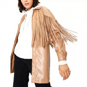Womens Real Beige Leather <b>Jacket</b> Fringe Tassels Snap Front Sheepskin Tan <b>Western</b> Cowgirl Shacket Coat Custom Winter Outerwear - Product Image 1