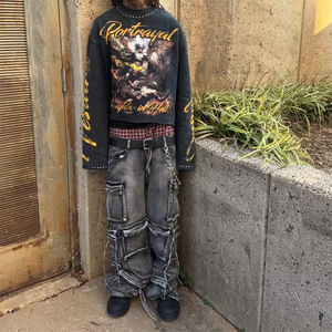 Camisetas de algodón oversize de manga larga DIHUI con hombros caídos, corte francés, dobladillo con pedrería y lavado vintage, tamaño personalizado - Product Image 3