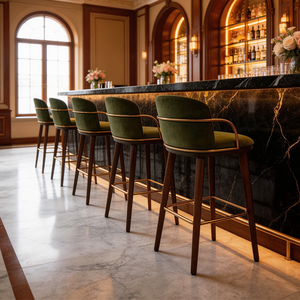 Chaises de bar modernes de luxe en <span class=keywords><strong>velours</strong></span> <span class=keywords><strong>vert</strong></span> avec pieds en bois et accoudoirs en acier inoxydable pour comptoir intérieur - Product Image 2