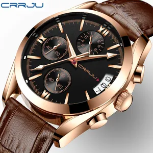 CRRJU 2217-reloj de cuarzo para hombre, correa de cuero genuino, resistente al agua, con cronógrafo, todo tipo, deportivo