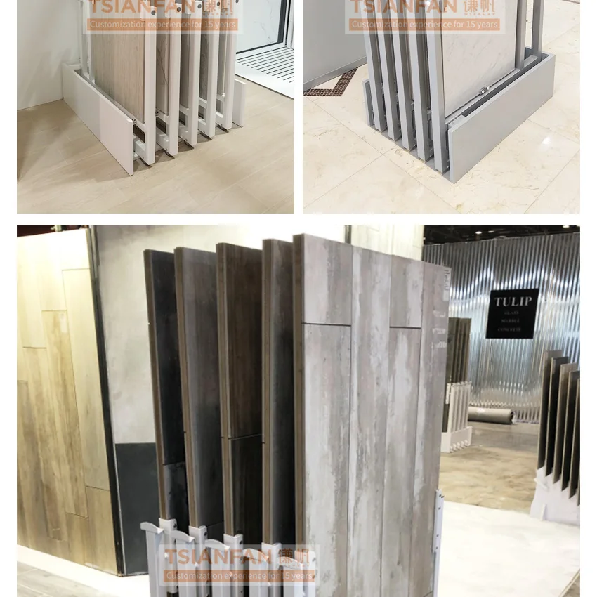 Tianfan Artificial stone showroom interiors design tiles slab racks tower porcelain quartz stone display rack