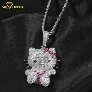 Nieuwe Aankomst Speciale Mode Schattig Ontwerp Kat Hanger Iced Out Zirkoon Messing Kleurrijke Hiphop Kitty Hello Hanger Ketting