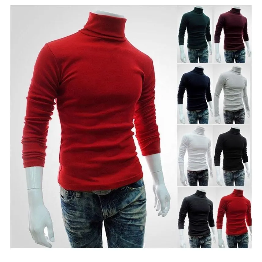 Man Solid Color Plain High Collar Turtle Neck Underwear Long-sleeved Cotton Pullover Bottomed T-Shirts With Neck Gaiter