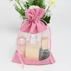Fashionable 17x23cm Natural Jute Gift Bag with Organza Window Jute Pouch with Window