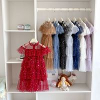 Robe de princesse pour filles, jupe de fée avec manches évasées, col rond, paillettes étoiles, tulle superposé, tutu pour enfants