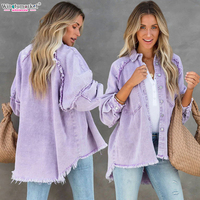 Vente en Gros Automne Vestes Surdimensionné Décontracté en Détresse Manches Raglan Brut Frange Jean Shacket Lavé Denim Veste Femmes