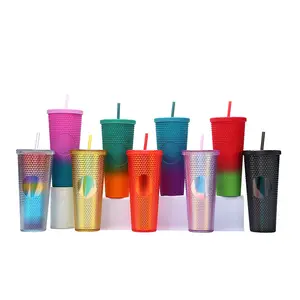 USA 24Oz 710Ml Diamond Durian Cup With Lid And Straw, Plastic Studded Tumbler Water Cups For Iced Coffee