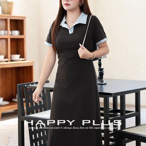 เดรสโปโลคอปกสีตัดต่อสไตล์มินิมอลสำหรับผู้หญิงไซส์พลัส ดีไซน์สีพื้นตัดกัน เอวทรงธรรมชาติ - Product Image 4