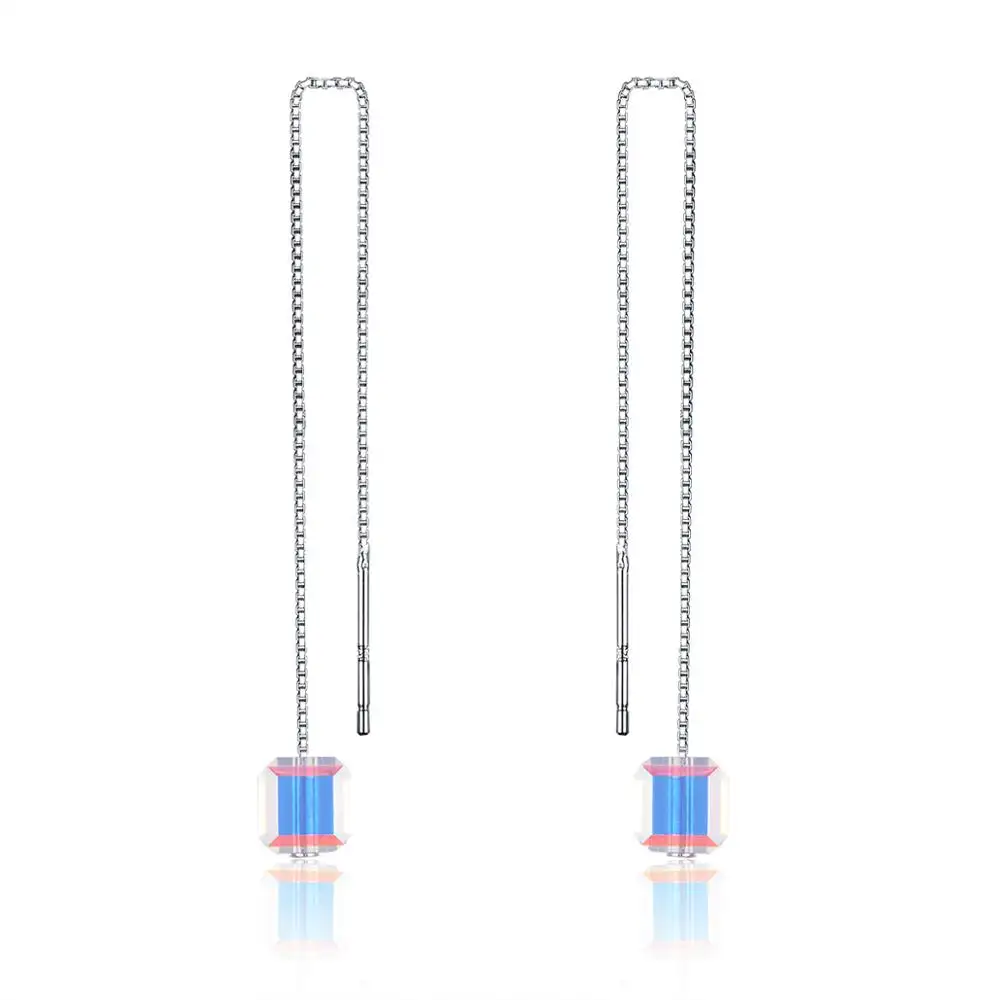 SCE501 Fashion long wire sugar square austrian crystal pendant earrings with 925 silver chain jewelry for lady girls