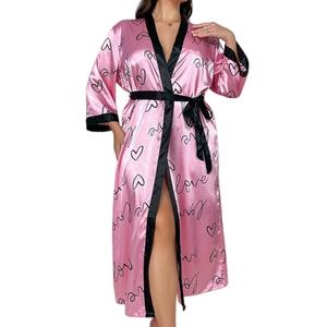 Pijamas de Satén Elegantes con Logotipo Personalizado, Talla Grande, Románticos, de Manga Larga, Cuello en V, Bata Floral para Dormir, Ropa de Dormir para Boda - Product Image 5