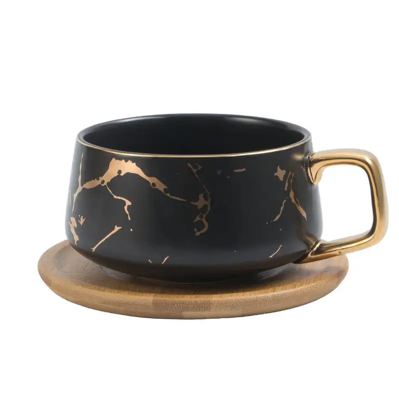 Tasse à café en céramique blanc noir vert doré avec tasse cadeau soucoupe en bois