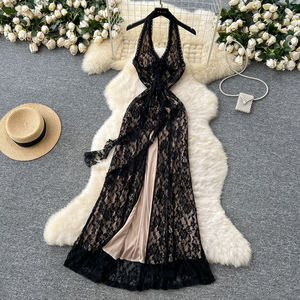 Elegante abito <span class=keywords><strong>Midi</strong></span> impero da donna con spacco alto e profondo a V in pizzo senza maniche senza maniche Design floreale per feste estive - Product Image 6