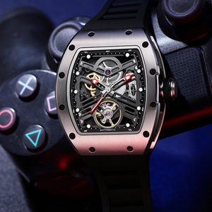 Orologio Automatico <span class=keywords><strong>di</strong></span> Lusso Tonneau da Uomo, Orologio da Polso Meccanico Scheletrato Sportivo, Cinturino in Acciaio Inossidabile e Silicone, <span class=keywords><strong>Orologi</strong></span> <span class=keywords><strong>Maschili</strong></span> - Product Image 4