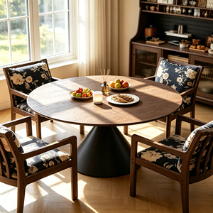 Ensemble de table à manger moderne en noyer foncé avec base à piétement unique et 4 chaises rembourrées à dossier à lattes en tissu floral, mobilier de salle à manger 6 places - Product Image 2