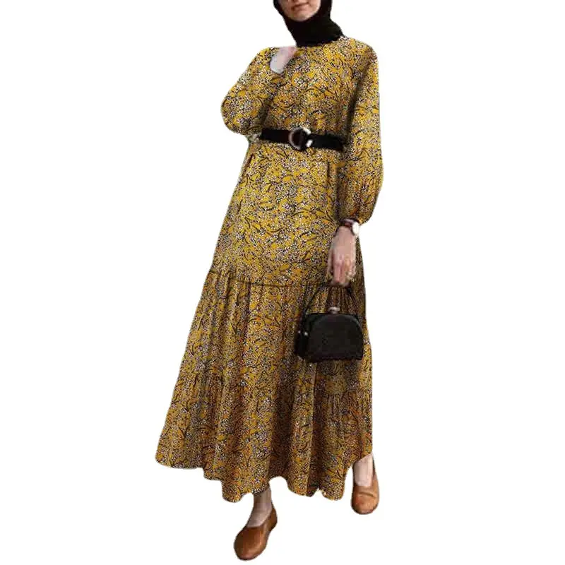 थोक 2023 नई दुबाई तुर्कीश शैली गोल गर्दन महिलाओं के कपड़े मुस्लिम पुष्प लंबे इस्लैमिक कपड़े
