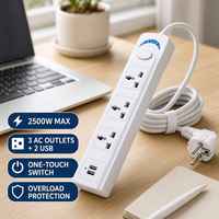 Multiprise universelle 2500W à 3 prises avec deux ports USB, interrupteur principal à une touche, câble de 1,8 m, prise EU à 90 degrés pour la maison et le bureau