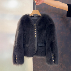 Women's Faux <b>Fur</b> Cropped - V-Neck With Gold Buttons & Leather Pocket Detail Coat Fashion - Product Image 4