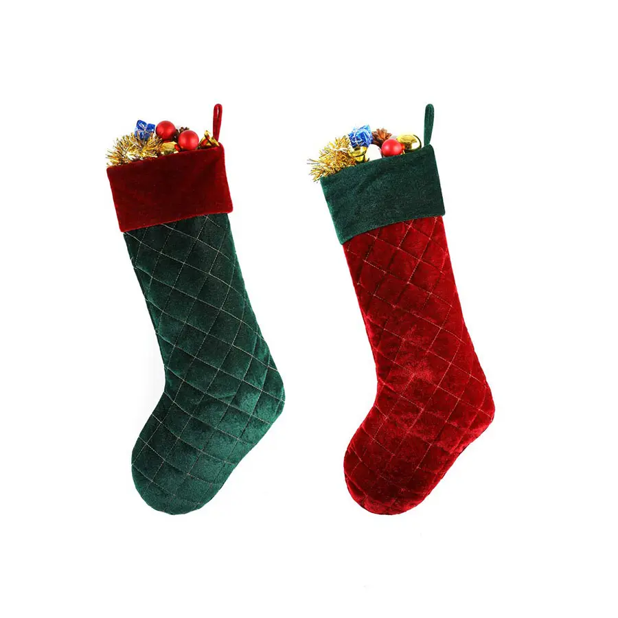 B824 Santa Style Christmas Decoration Long Stocking Velvet Material Large Opening Christmas Long Stocking