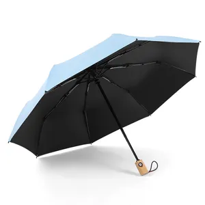 Nova compra a granel madeira punho designer auto pára-sol personalizado compacto chuva automática windproof 3 dobrável guarda-chuva