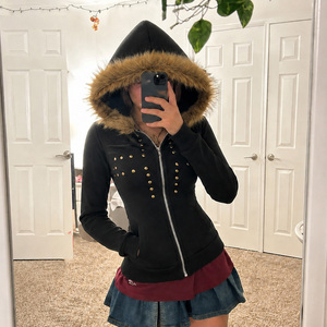 2026 Fall Winter New Dark Punk Cross Rivet Hoodie Streetwear Oversized Fur Collar Zip Up <b>Jacket</b> for Women - Product Image 1