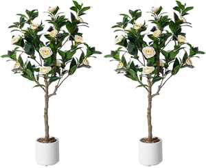 Set di 2 Alberi di Camelia Artificiali da 3 Piedi, Pianta Artificiale in Vaso di Plastica, Decorazione per Portico, Regalo di Inaugurazione Casa o Anniversario - Product Image 1