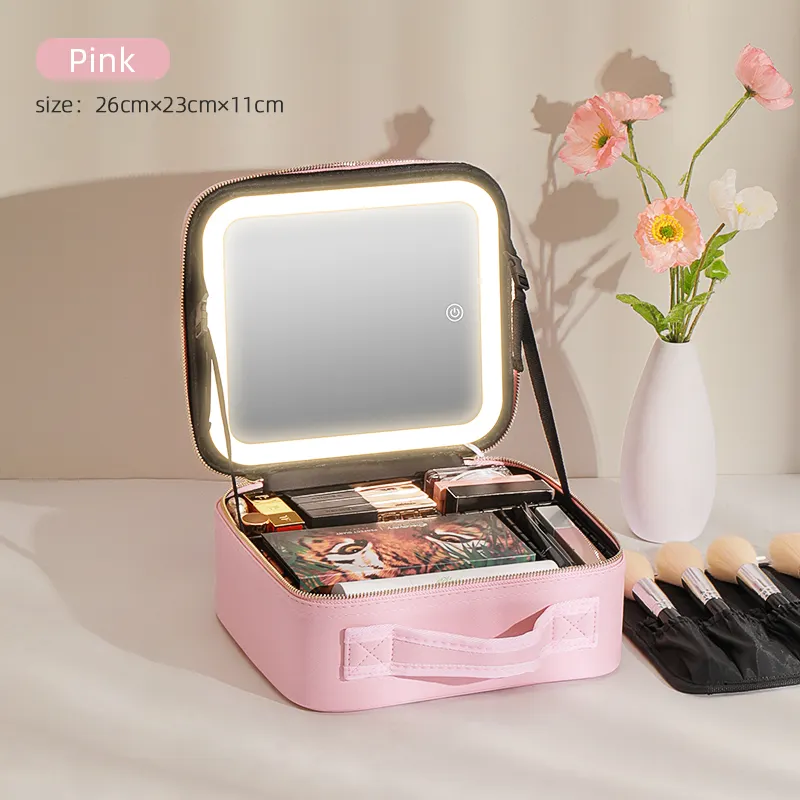 new large capacity desktop cosmetic storage box waterproof leather travel portable makeup bag case with LED light mirror